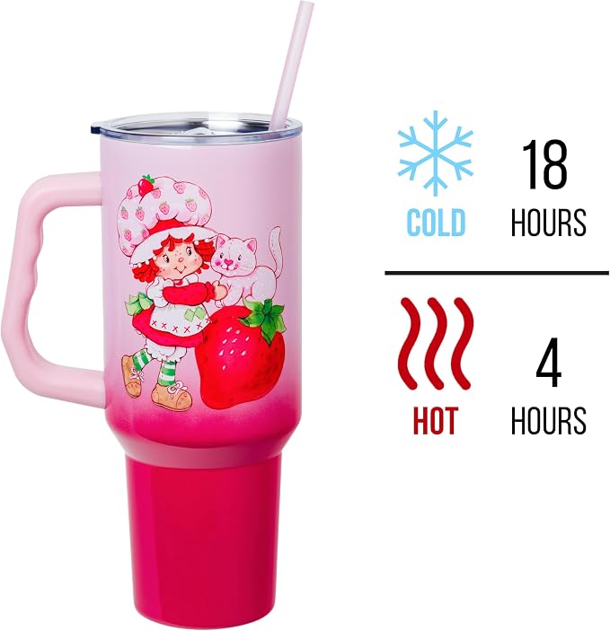 Silver Buffalo Strawberry Shortcake and Custard Vintage Berry Ombre Double Walled Stainless Steel Tumbler with Handle and Straw, Fits in Standard Cup Holder, 40 Ounces - Image 3