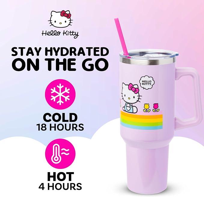 Silver Buffalo Sanrio Hello Kitty Spring and Summer Flowers Rainbow Stripes Double Walled Stainless Steel Tumbler with Handle and Straw, Fits in Standard Cup Holder, 40 Ounces - Image 2