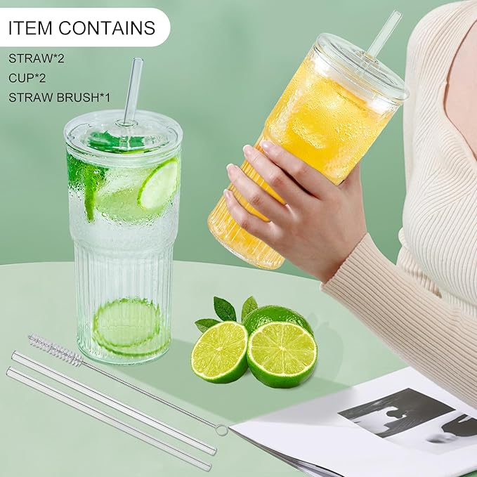 Luiaiog Glass Cups with Lids and Glass Straws, High Borosilicate 20OZ Tumblers (2Pcs) for Coffee, Tea, Juice, Smoothies, Hot/Cold Drinks at Home, Office - Image 7