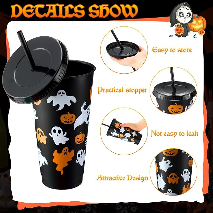 Honeydak 40 Pcs 24oz Halloween Tumblers Bulk Halloween Plastic Cups with Lids Reusable Water Bottle Iced Coffee Travel Mug Cup for Party Holiday Birthdays Goodie Bags Supplies - Image 2