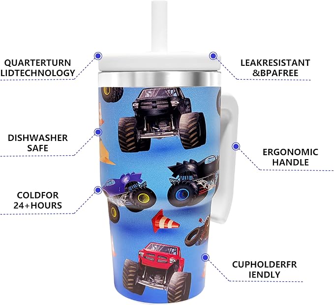 2PCS 20-OZ Insulated Water Bottle,Insulated Stainless Steel Tumbler,Reusable Cold Drink Thermos,BPA-Free, Double-Wall Stainless Steel Water Bottle (Light blue-Monster trucks, 20, Fluid Ounces) - Image 5