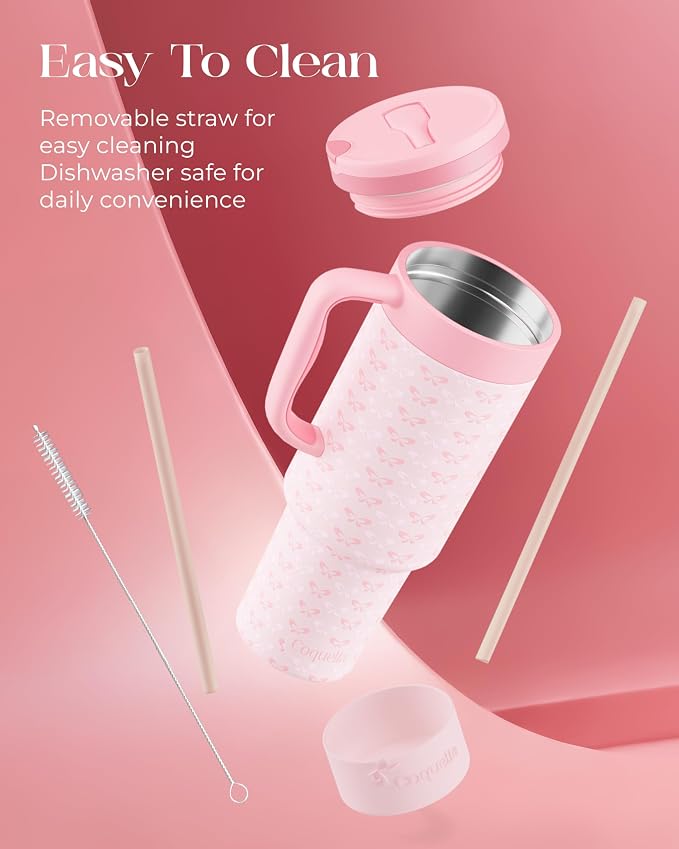 40 oz Insulated Tumbler with Handle and Push-Button Straw Lid, Stainless Steel Travel Cup for Gym Office, Leakproof, BPA-Free, Cup Holder Friendly, Bow Silicone Boot, Pink (Coquette Blush) - Image 6