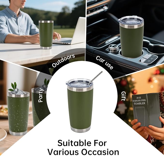 IEOVIEE 32 Pack, 20oz Stainless Steel Bulk Tumblers with Lids and Straws, Double Wall Insulated Travel Coffee Mug, Durable Powder Coated Tumbler Bulk Cup for Cold and Hot Drinks(Army Green) - Image 8