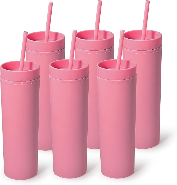sweet grain Skinny Tumblers with Lids and Straws(6 Pack) - 16oz Matte Pastel Colored Skinny Acrylic Tumblers, Double Wall Plastic Tall Skinny Tumblers Bulk for Cold Hot Drinks - Pink by sweetgrain