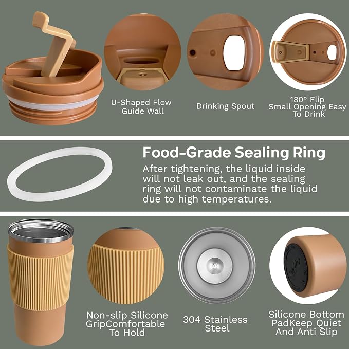 YINBAOGE Upgraded Insulated Travel Coffee Mug, Spill Proof & Leak Proof, Portable Camping Stainless Steel Tumbler, Reusable Thermal Coffee Cup with Lid for Hot & Cold Drinks (4th-khaki, 15OZ) - Image 3