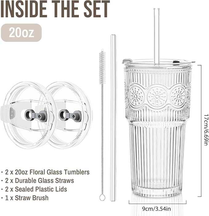 SoulTimes 20oz Ribbed & Floral Glass Tumbler Set of 2 – Reusable Glass Cups with Lid and Glass Straw, Iced Coffee Cups for Water, Smoothie, Milk, Cocktail & More – Perfect for Daily Use & Travel - Image 3