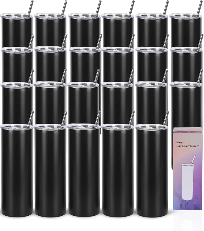 24 Pack 20 Oz Straight Skinny Tumblers,Individually Gift Boxed Stainless Steel Slim Skinny Tumbler Set Bulk, 20 Oz Insulated Slim Thin Travel Tumbler Cup for Diy, Black by Wzaytia