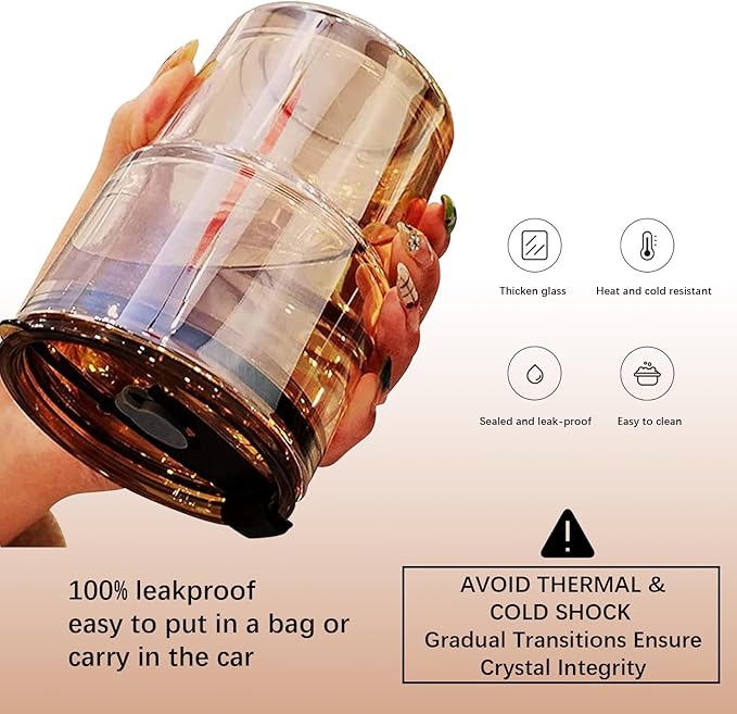 BLUEPOLAR 13 oz Tumbler Water Glass, Water Bottle with Straw and Dustproof Lid, Coffee Ice Cup Double Wall Insulated Glass Cup (Amber with Sleeve and Strap) - Image 5