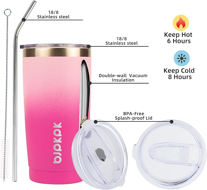 BJPKPK 20oz Stainless Steel Tumbler with Lid And Straw, Double Wall Vacuum Coffee Cup, Travel Mug for Ice Drink and Hot Beverage, Insulation Travel Tumblers Cups,Cherry Blossom - Image 2
