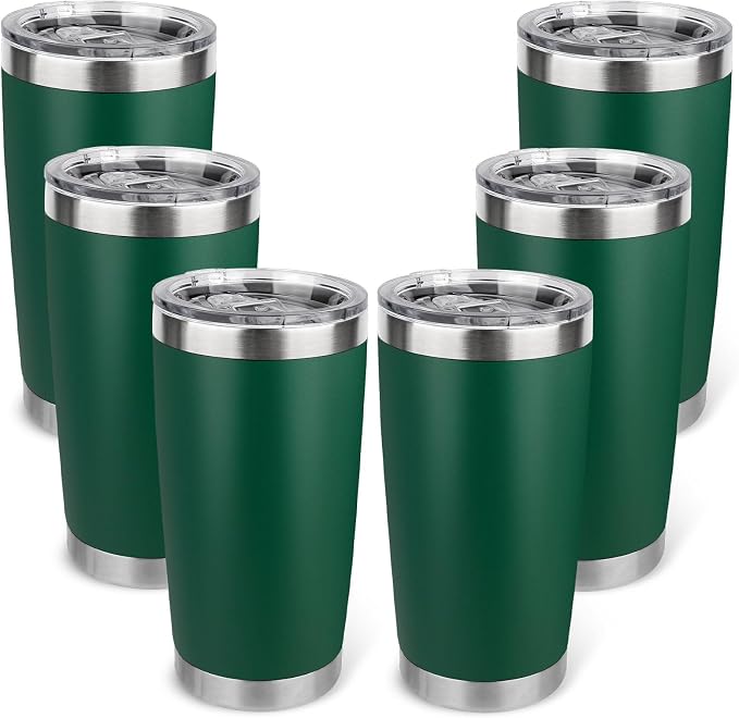 20oz Stainless Steel Tumbler Bulk with Lid, Travel Mug - Double Wall Vacuum Powder Coated Cup - Dark Green, 6 Pack by Unknown