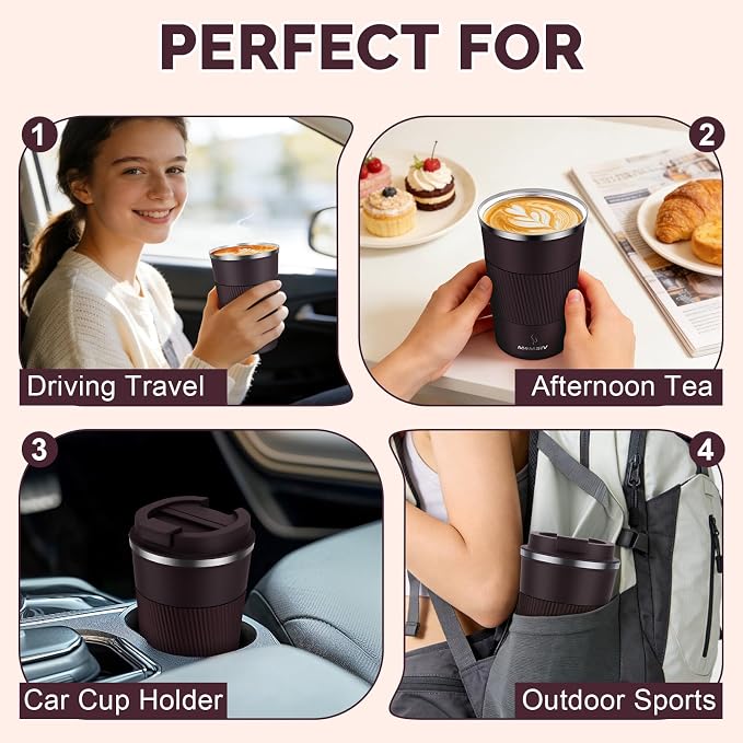 MOMSIV 12oz Travel Mug, Insulated Coffee Cup with Leakproof Lid, Vacuum Stainless Steel Double Walled Reusable Tumbler for Hot and Cold Water Coffee and Tea In Travel and Car (Brown) - Image 7