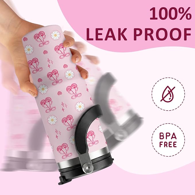 Pink Cherry Tumbler 30oz with Handle - Stainless Steel Insulated Cup, Leakproof Water Bottle with Cherry Design for Women & Girls, Perfect Birthday Christmas Gift - Image 4