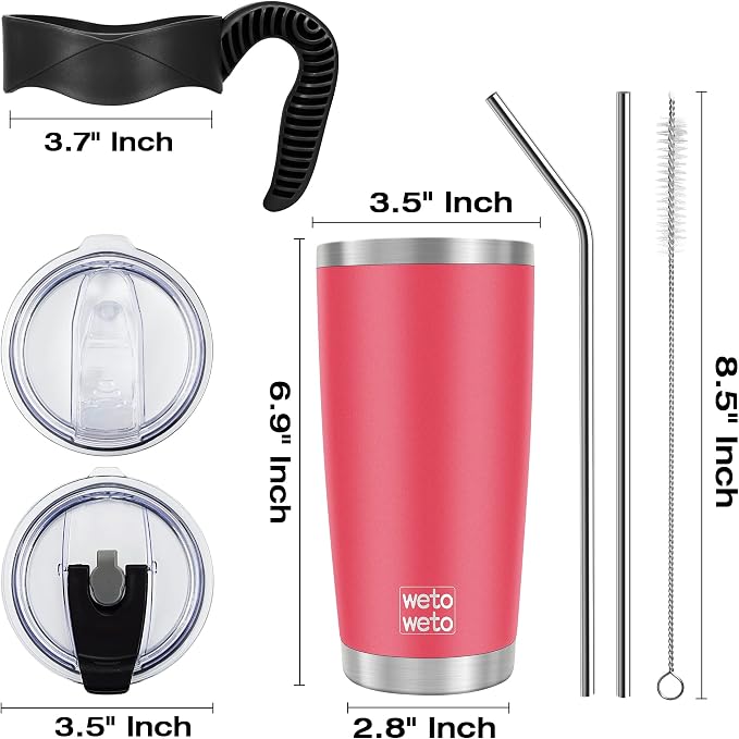 WETOWETO 20oz Tumbler with 2 lids and 2 straws, Stainless Steel Vacuum Insulated Water Coffee Tumbler Cup with Handle, Double Wall Powder Coated Travel Mug Thermal Cup (Watermelon Red, 1 Pack) - Image 4