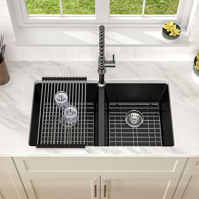 Dcolora 33 inch Quartz Matte Black Granite Composite Double Bowl Undermount - Image 2