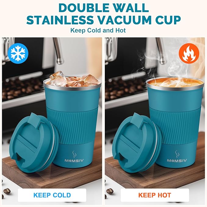 MOMSIV 12oz Travel Mug, Insulated Coffee Cup with Leakproof Lid, Travel Coffee Mug Vacuum Stainless Steel Double Walled Reusable Coffee Cup for Hot and Cold Water Coffee - Image 3