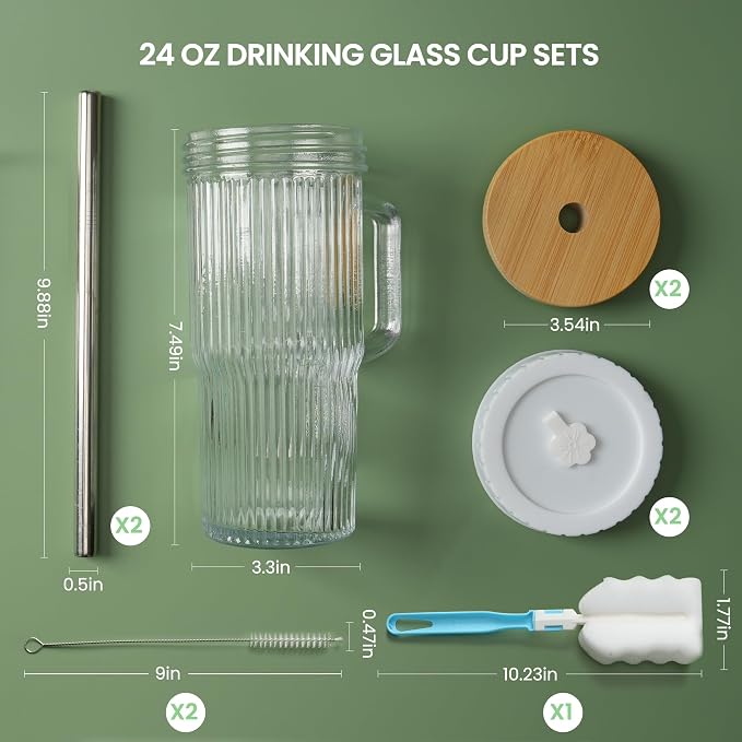 Birity 24oz Ribbed Glass Cup with Lids and Straws,2Pack Glass Tumbler with Handle,Reusable lced Coffee Cups with lids-Glass Cups with Lids,Mason Jar Cup for Smoothie,Coffee,Juice,Water,Tea,Travel Mug - Image 4
