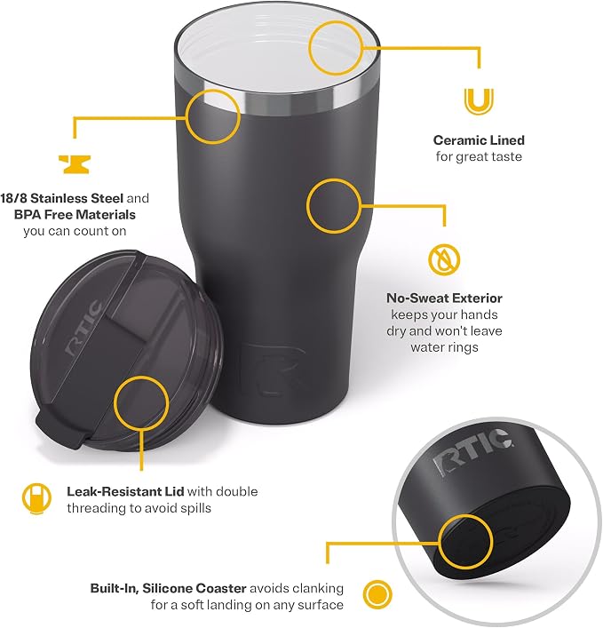 RTIC 30oz Essential Tumbler with Lid, Ceramic Lined, Insulated, Stainless Steel, Metal, Double Wall Vacuum-Insulation, Travel Cup for Iced Coffee, Tea, Hot and Cold Drink, Graphite - Image 4