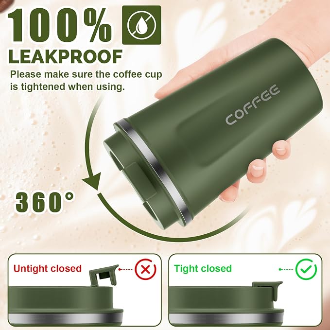 MOMSIV 12oz Travel Mug, Insulated Coffee Cup with Leakproof Lid, Vacuum Stainless Steel Double Walled Reusable Tumbler for Hot and Cold Water Coffee and Tea In Travel and Car Armygreen - Image 4