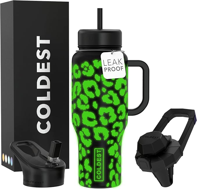 Coldest Tumbler with Handle and Straw, 100% Leak Proof Insulated Tumbler with Lid and Straw (3 Lids), Stainless Steel Tumblers for Women & Men, Cup Holder Friendly, 36 oz (Glowie Leopard) by Coldest