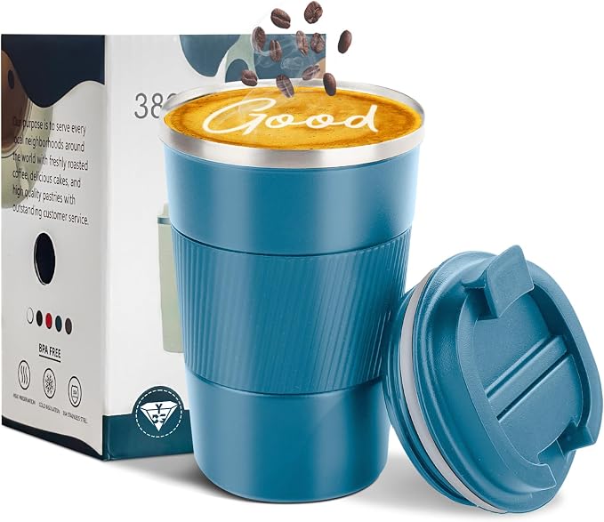 YINBAOGE Insulated Travel Coffee Mug, Spill & Leak Proof, Portable To Go Camping Stainless Steel Coffee Tumbler, Reusable Thermal Coffee Cup with Lid for Hot & Cold Drinks (Blue, 12 OZ) by YINBAOGE