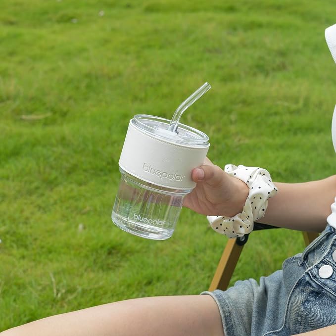 BLUEPOLAR 13oz/400ml Glass Water Tumbler with Straw and Lid Sealed Carry on Thick Wall Iced Coffee Cup for Water, Iced Tea, Fruit Juice (White with Protective Sleeve) - Image 3