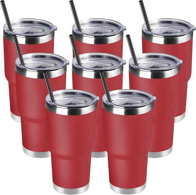 DOMICARE 30oz Tumbler Bulk with Lid and Straw, Double Wall Travel Coffee Mug, Insulated Vacuum Stainless Steel Tumblers, Powder Coated Tumbler Cup (Red, 8) by VisittheDOMICARE