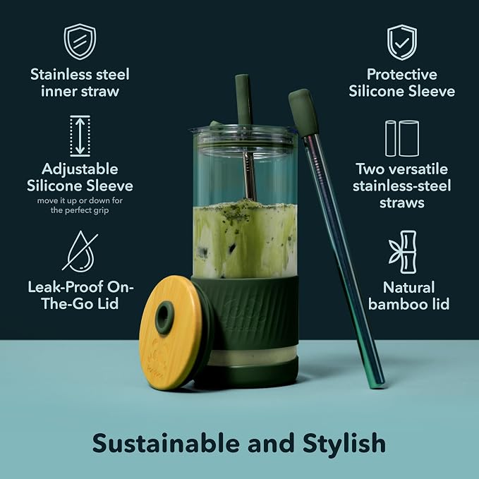 Pandaloo® Glass Cups With Lids and Straws -20 Fl Oz- Perfect Size Iced Coffee Cup - Smoothie Cup With Bamboo Lid and On the go Lid - Glass Tumbler (2 Count (Pack of 1), Boysenberry-Intense Teal) - Image 3
