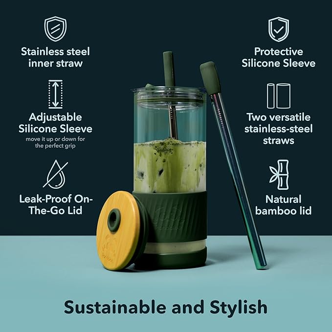 Pandaloo® Glass Cups With Lids and Straws -20 Fl Oz- Perfect Size Iced Coffee Cup - Smoothie Cup With Bamboo Lid and On the go Lid - Glass Tumbler With Straw (1 Count (Pack of 1), Intense Teal) - Image 3