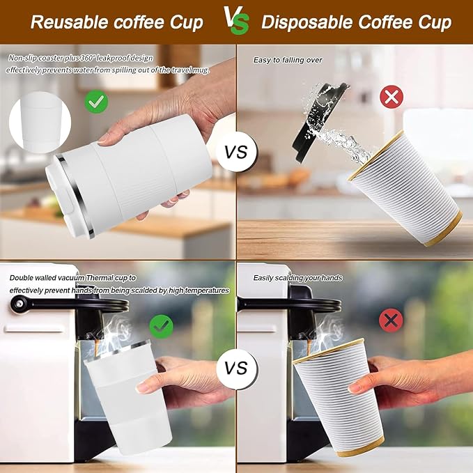 YINBAOGE Insulated Travel Coffee Mug, Spill & Leak Proof, Portable To Go Camping Stainless Steel Coffee Tumbler, Reusable Thermal Coffee Cup with Lid for Hot & Cold Drinks (White, 12 OZ) - Image 5