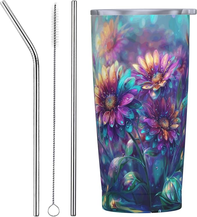 Sunflower Tumbler with Lid and Straw 20oz Vacuum Insulated Coffee Cup Stainless Steel Tumblers Leakproof Travel Mug Present for Women Men by Yrebyou
