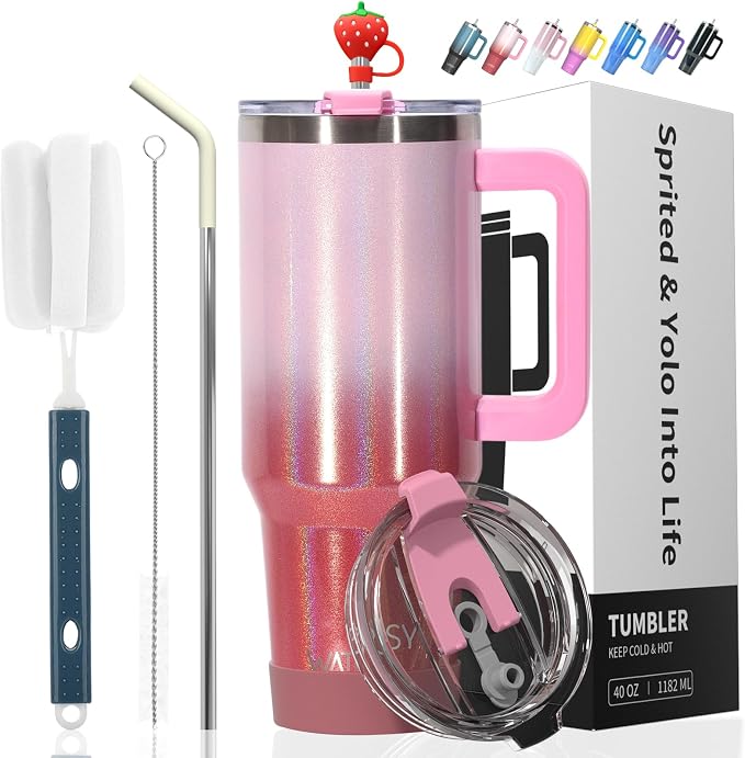 30 oz Shiny Tumbler with Handle and Straw,Stainless Steel Tumbler with Lid and Straw,Insulated Travel Mug(Cold for 34 Hours),Water Bottle for Iced Tea,Coffee (Red) by Watersy