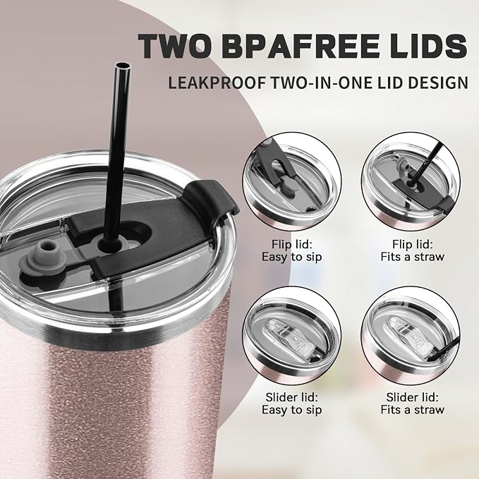 40 oz Tumbler with Lids and Straws, Stainless Steel Insulated Coffee Tumbler, Double Wall Vacuum Insulated Travel Mug Cup, Leakproof Thermal Coffee Cup for Hot and Cold Drinks (Rose Gold) - Image 7