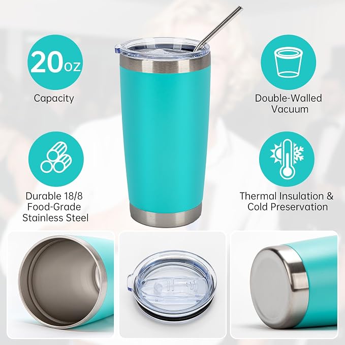 IEOVIEE 32 Pack, 20oz Stainless Steel Bulk Tumblers with Lids and Straws, Double Wall Insulated Travel Coffee Mug, Durable Powder Coated Tumbler Bulk Cup for Cold and Hot Drinks (Light Green) - Image 5