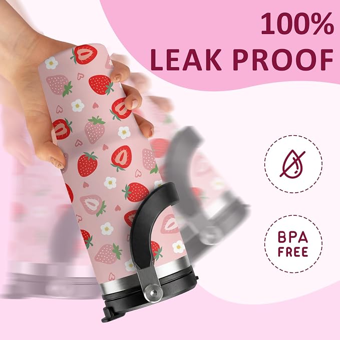 Red Strawberry Tumbler 30oz with Handle - Cute Strawberry Design Water Bottle, Insulated Stainless Steel Cup for Women & Girls, Leakproof Travel Mug, Sweet Birthday Gift for Her - Image 4