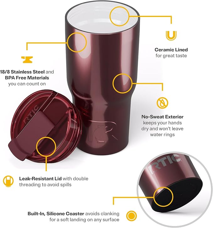RTIC 20oz Essential Tumbler with Lid, Ceramic Lined, Insulated, Stainless Steel, Metal, Double Wall Vacuum-Insulation, Travel Cup for Iced Coffee, Tea, Hot and Cold Drink, Vintage Rose Metallic - Image 4
