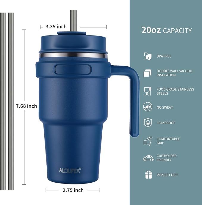 ALOUFEA 20 oz Insulated Coffee Mug Tumbler with Handle, Stainless Steel Travel Mug Tumbler with Lid and Straw,Double Wall Vacuum Leak Proof Ice Coffee Thermal Cup, Navy/Rose Gold - Image 2