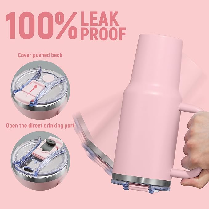 40 oz Tumbler with Handle and Straw Lid,Insulated Reusable Stainless Steel Water Bottle Travel Mug，Cupholder Friendly Double Wall Vacuum Sealed Cup (Pink) - Image 4