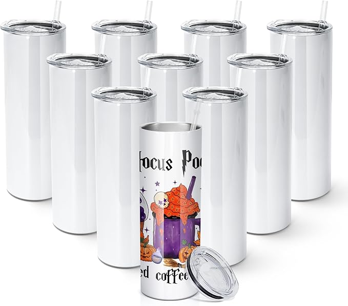 AGH 10 Pack Sublimation Tumblers Blank 20 OZ Straight Skinny Tumbler with Straw, Stainless Steel Double Layer Insulated Mug, Individually Box, Travel Tumblers by AGoodHopeforYou
