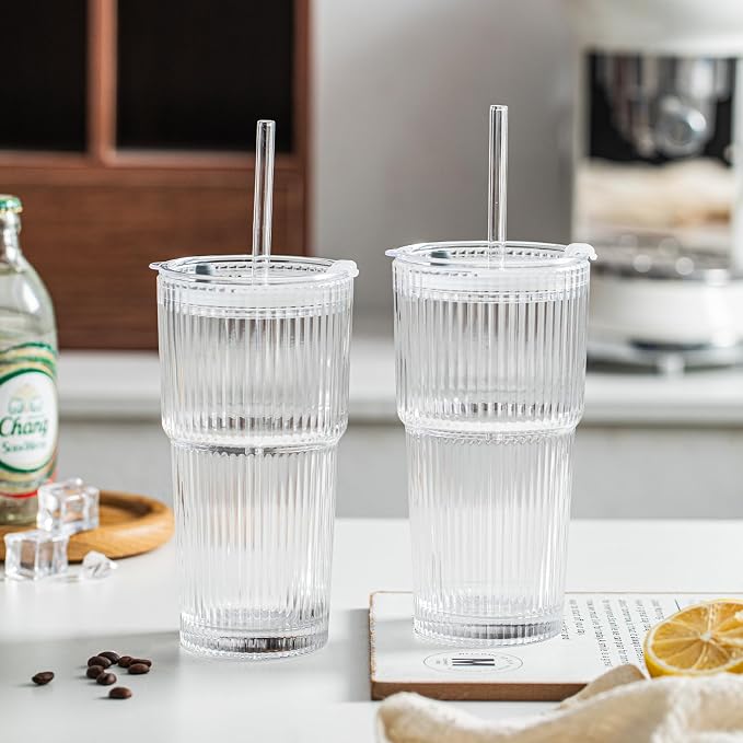 INSETLAN 8-Piece Glassware Set – 20 oz Ribbed Glass Tumblers with Lids and Glass Straws, Heavy-Duty Tumblers, Ideal for Iced Coffee, Smoothies, Cocktails, and Juices – Elegant and Durable Drinkware - Image 7