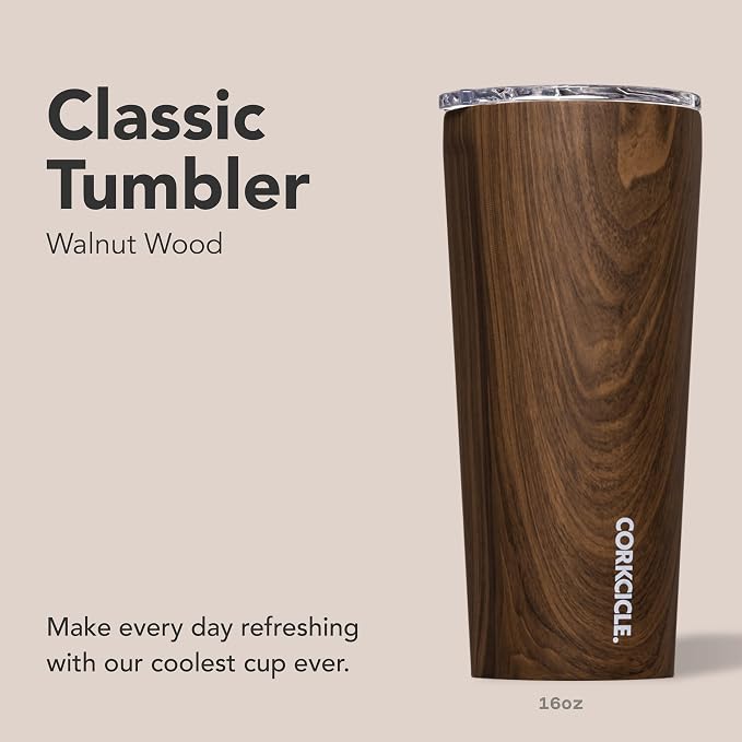 Corkcicle Classic Tumbler - Keeps Drinks Cold for 9 Hours & Hot for 3 - Triple-Insulated Stainless Steel - Holiday Tumbler Gift - 16 oz - Walnut Wood - Image 2