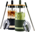 Pandaloo® Glass Cups With Lids and Straws -20 Fl Oz- Perfect Size Iced Coffee Cup - Smoothie Cup With Bamboo Lid and On the go Lid - (2 Count (Pack of 1), Black Saphir-Mediterranean Olive) by Pandaloo