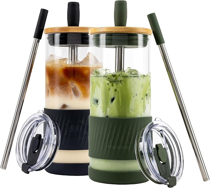 Pandaloo® Glass Cups With Lids and Straws -20 Fl Oz- Perfect Size Iced Coffee Cup - Smoothie Cup With Bamboo Lid and On the go Lid - (2 Count (Pack of 1), Black Saphir-Mediterranean Olive) by Pandaloo