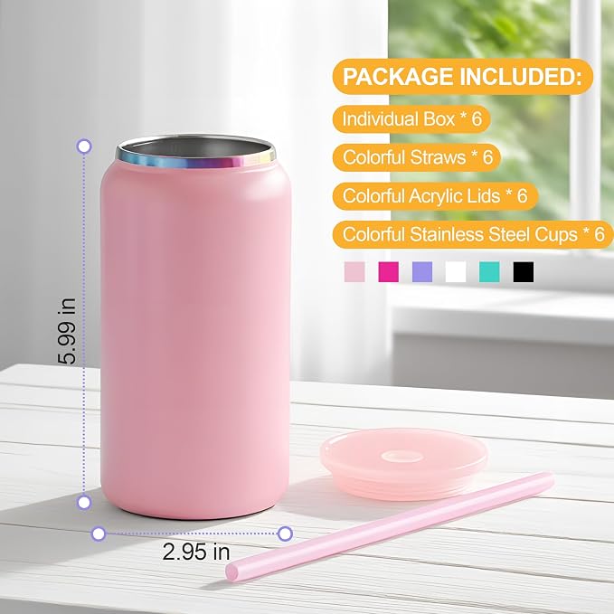 6 Pack Glass Cups with Lids and Straws Unbreakable 16 oz Stainless Steel Can Cup Double Wall Insulated Beer Can Tumbler for Iced Coffee, Juice, Soda, Matte-Colored - Image 7