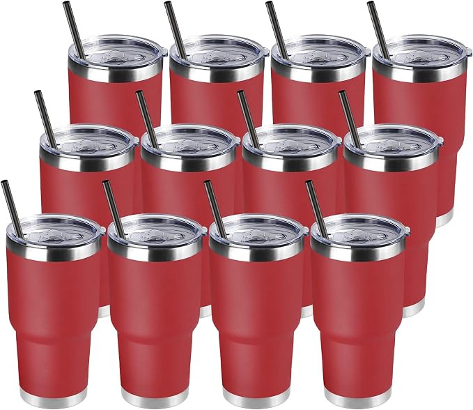 DOMICARE 30 oz Tumbler with Lid and Straw, Stainless Steel Tumblers Bulk, Insulated Vacuum Double Wall Travel Coffee Mug, Durable Powder Coated Tumbler Cups (Red, 12) by VisittheDOMICARE