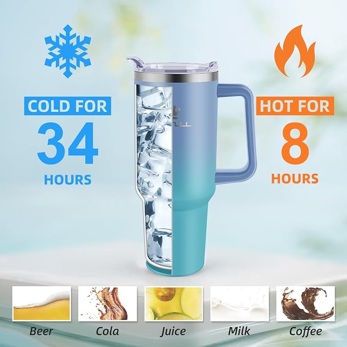 40 oz Tumbler with Handle and Straw Lid, 100% Leak-proof Travel Coffee Mug, Stainless Steel Insulated Cup for Hot and Cold Beverages, Keeps Cold for 34Hrs or Hot for 10Hrs, Dishwasher Safe (LakeBlue) - Image 2