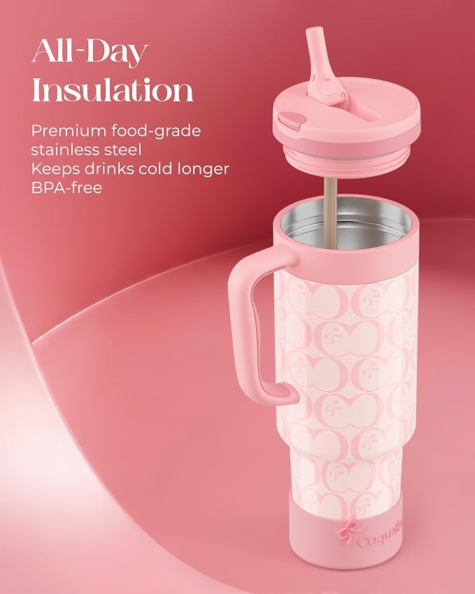 40 oz Insulated Tumbler with Handle and Push-Button Straw Lid, Stainless Steel Travel Cup for Gym Office, Leakproof, BPA-Free, Cup Holder Friendly, Bow Silicone Boot, Pink (C’ Blush) - Image 4