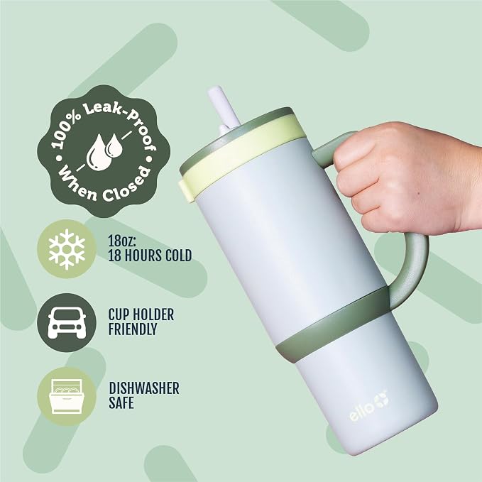 Ello Oasis 18oz Stainless Steel Kids Tumbler with Handle & Retracting Straw, 100% Leakproof, Double-Wall Vacuum Insulated, Kids Water Bottle for School, BPA Free, Dishwasher Safe, Avocado - Image 3