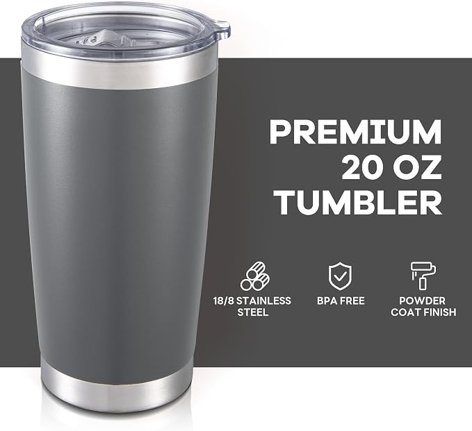 20 oz Tumbler with Lid Stainless Steel Insulated Tumblers Bulk Double Wall Vacuum Cups Powder Coated Travel Mug Keep Drink Cold and Hot, Grey, 8 Pack - Image 2