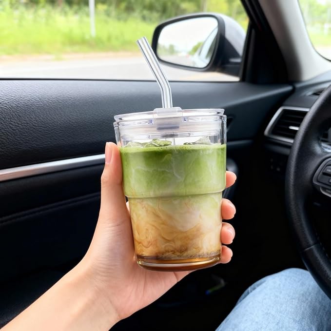 BLUEPOLAR 13oz/400ml Glass Water Tumbler with Straw and Lid Sealed Carry On Thick Wall Iced Coffee Cup Glass Cup for Water, Iced Tea Fruit Juice Etc(Aurora White - Image 4