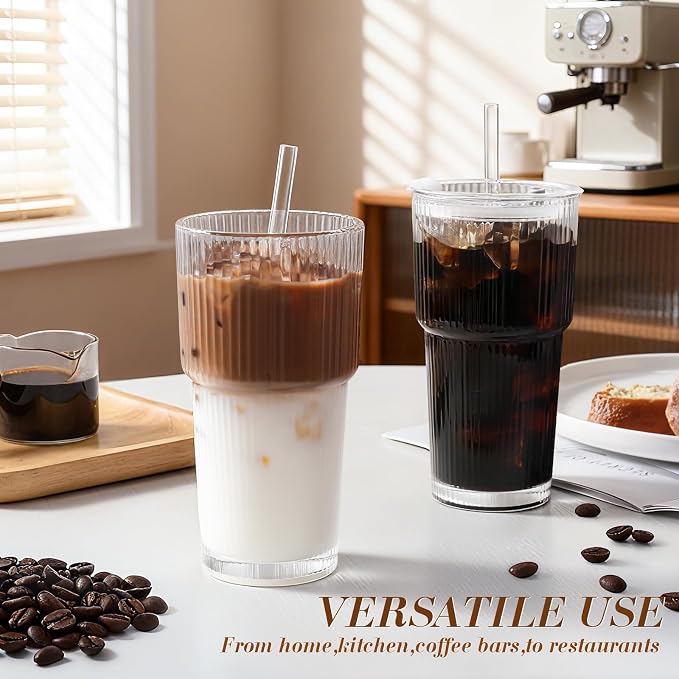 Iced Coffee Cups with Lids: Coffee Bar Accessories - Ribbed Glass Tumbler with Straw and Lid 4Pcs - 20oz Leak Proof Tumbler - Reusable Glass Cups and Tumblers with Lid and Straws for To Go Iced Coffee - Image 7